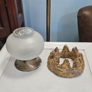 Vintage Frosted Glass Lamp And Gold Paper Mache Crown